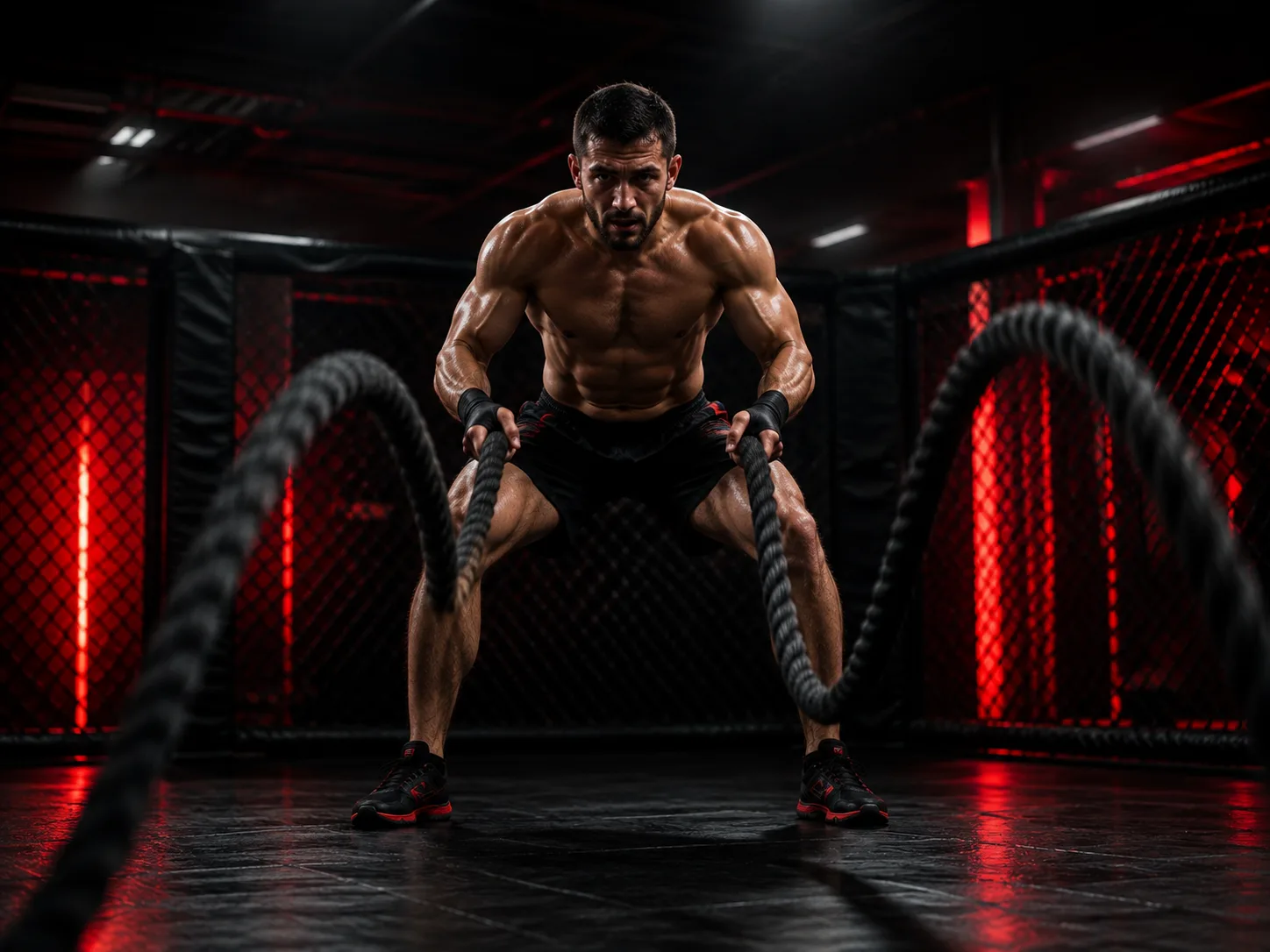 Atleta realizando cardio con cuerdas de batalla
